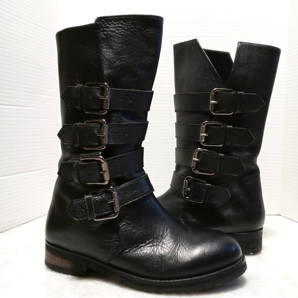 Kurt Geiger Black Mid Calf Moto Boots Booties Silver Buckles Women Size 6.5